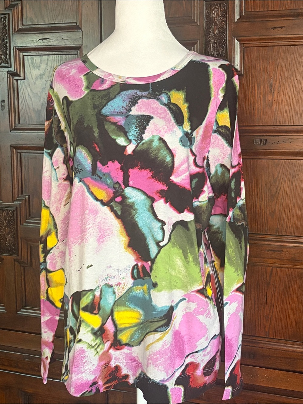 Women’s Long Sleeve Floral Abstract Print Top - Pink Multi Size XL Simply Vera